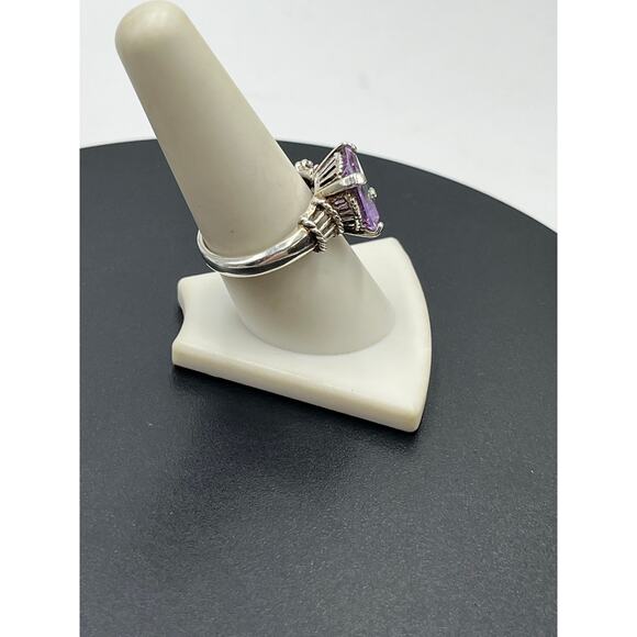 Designer 925 Sterling Silver Large Rectangle Cut Purple Blue Prong CZ Ring Sz 9 - Picture 6 of 11